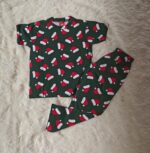 Unisex Co-Ord Pant Set - Dark Green Santa Hats