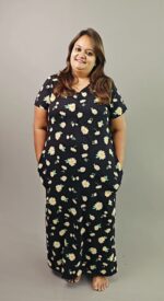 PLUS SIZE Night Gown / Nighty - Black Yellow Floral